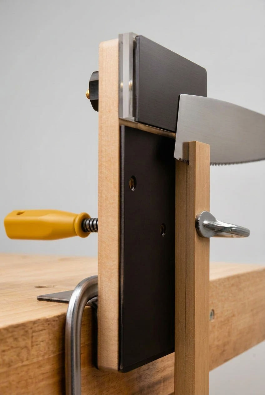 A close-up of a woodworking jig or clamp assembly mounted on a wooden workbench, with a dark rectangular panel, light wood framing, a yellow-handled clamp, and part of a metal blade visible against a plain light background.